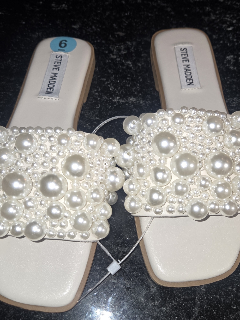 Steve Madden Ivory Pearl-Embellished Slide Sandals